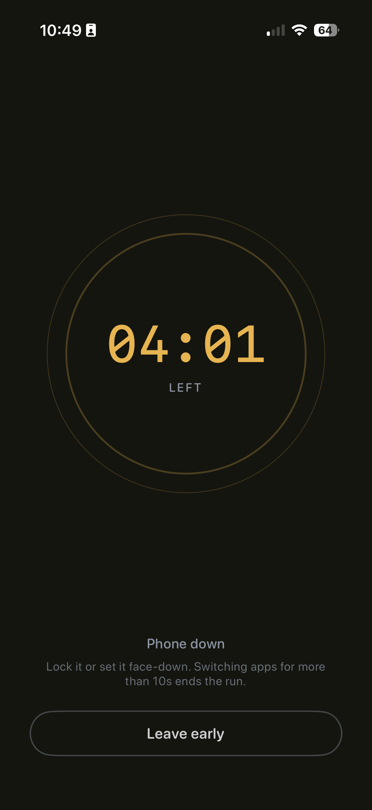 Phones Down mid-session — a gold countdown reading 4 minutes 1 second left, inside a slow breathing ring